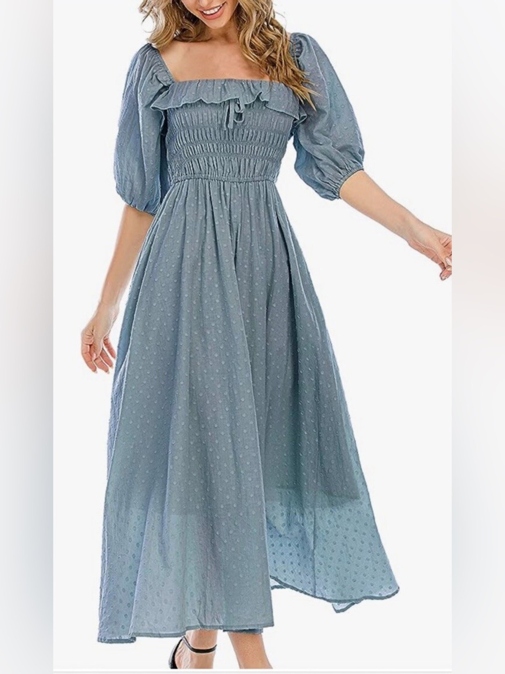 R. Vivimos Blue Smocked Square-Neck Midi Dress in Dusty Blue Size 12/14